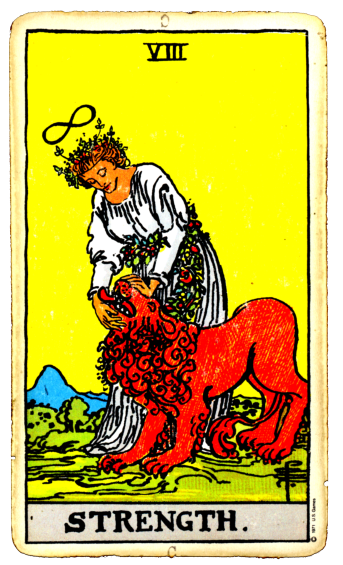 Strength Card from Ryder waite deck of a women friendly with a lion